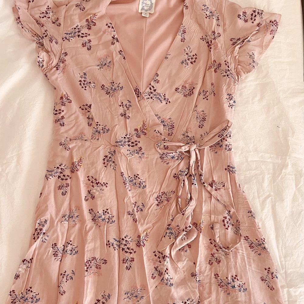 Flowy pink/floral wrap dress from Francesca’s